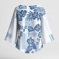 Vintage Hawaii Kimono Sleeve Blouse Hibiscus Tapa Tribal With Hawaiian Quilt Pattern Blue - Polynesian Pride