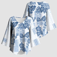 Vintage Hawaii Kimono Sleeve Blouse Hibiscus Tapa Tribal With Hawaiian Quilt Pattern Blue - Polynesian Pride
