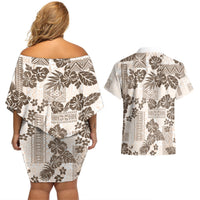 Vintage Hawaii Couples Matching Off Shoulder Short Dress and Hawaiian Shirt Hibiscus Tapa Tribal With Hawaiian Quilt Pattern Gold LT9 - Polynesian Pride