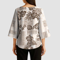Vintage Hawaii Kimono Sleeve Blouse Hibiscus Tapa Tribal With Hawaiian Quilt Pattern Gold LT9 - Polynesian Pride