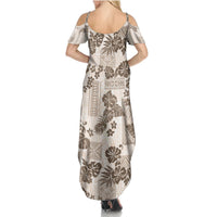 Vintage Hawaii Summer Maxi Dress Hibiscus Tapa Tribal With Hawaiian Quilt Pattern Gold LT9 - Polynesian Pride