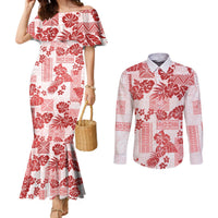 Vintage Hawaii Couples Matching Mermaid Dress and Long Sleeve Button Shirt Hibiscus Tapa Tribal With Hawaiian Quilt Pattern Red LT9 Red - Polynesian Pride
