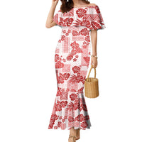 Vintage Hawaii Mermaid Dress Hibiscus Tapa Tribal With Hawaiian Quilt Pattern Red LT9 Women Red - Polynesian Pride