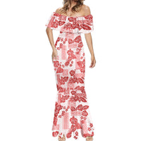 Vintage Hawaii Mermaid Dress Hibiscus Tapa Tribal With Hawaiian Quilt Pattern Red LT9 - Polynesian Pride