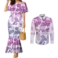 Vintage Hawaii Couples Matching Mermaid Dress and Long Sleeve Button Shirt Hibiscus Tapa Tribal With Hawaiian Quilt Pattern Violet LT9 Violet - Polynesian Pride