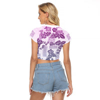 Vintage Hawaii Raglan Cropped T Shirt Hibiscus Tapa Tribal With Hawaiian Quilt Pattern Violet LT9 - Polynesian Pride