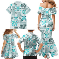 Hawaii Tapa Tribal Family Matching Mermaid Dress and Hawaiian Shirt With Hawaiian Quilt Pattern Aqua LT9 - Polynesian Pride