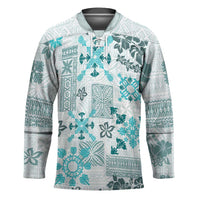 Hawaii Tapa Tribal Hockey Jersey With Hawaiian Quilt Pattern Aqua - Polynesian Pride