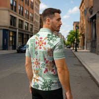 Hawaii Tapa Tribal Zipper Polo Shirt With Hawaiian Quilt Pattern Green - Polynesian Pride