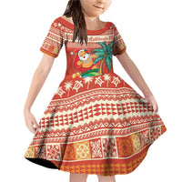 Hawaii Mele Kalikimaka Family Matching Off Shoulder Short Dress and Hawaiian Shirt Surfing Santa Funny Christmas LT9 Daughter's Dress Red - Polynesian Pride