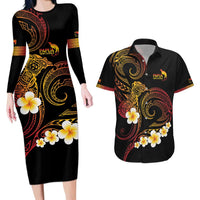 Personalised Papua New Guinea Sepik Couples Matching Long Sleeve Bodycon Dress and Hawaiian Shirt Plumeria Floral Tribal Pattern LT9 Black - Polynesian Pride
