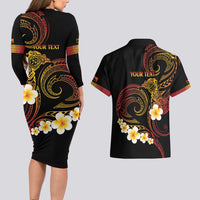 Personalised Papua New Guinea Sepik Couples Matching Long Sleeve Bodycon Dress and Hawaiian Shirt Plumeria Floral Tribal Pattern LT9 - Polynesian Pride