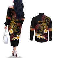 Personalised Papua New Guinea Sepik Couples Matching Off The Shoulder Long Sleeve Dress and Long Sleeve Button Shirt Plumeria Floral Tribal Pattern LT9 - Polynesian Pride