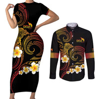 Personalised Papua New Guinea Sepik Couples Matching Short Sleeve Bodycon Dress and Long Sleeve Button Shirt Plumeria Floral Tribal Pattern LT9 Black - Polynesian Pride