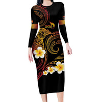 Personalised Papua New Guinea Sepik Family Matching Long Sleeve Bodycon Dress and Hawaiian Shirt Plumeria Floral Tribal Pattern LT9 Mom's Dress Black - Polynesian Pride