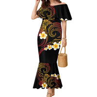Personalised Papua New Guinea Sepik Family Matching Mermaid Dress and Hawaiian Shirt Plumeria Floral Tribal Pattern LT9 Mom's Dress Black - Polynesian Pride