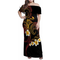 Personalised Papua New Guinea Sepik Family Matching Off Shoulder Maxi Dress and Hawaiian Shirt Plumeria Floral Tribal Pattern LT9 Mom's Dress Black - Polynesian Pride