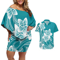 Polynesian Plumeria Flowers Tribal Couples Matching Off Shoulder Short Dress and Hawaiian Shirt Pacific Tattoo Teal Style LT9 Teal - Polynesian Pride