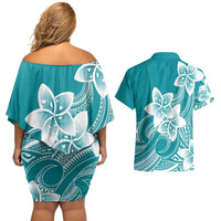 Polynesian Plumeria Flowers Tribal Couples Matching Off Shoulder Short Dress and Hawaiian Shirt Pacific Tattoo Teal Style LT9 - Polynesian Pride