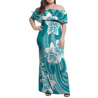 Polynesian Plumeria Flowers Tribal Family Matching Off Shoulder Maxi Dress and Hawaiian Shirt Pacific Tattoo Teal Style LT9 Mom's Dress Teal - Polynesian Pride