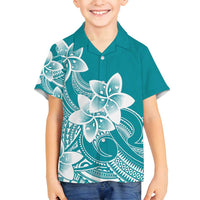 Polynesian Plumeria Flowers Tribal Family Matching Off Shoulder Maxi Dress and Hawaiian Shirt Pacific Tattoo Teal Style LT9 Son's Shirt Teal - Polynesian Pride
