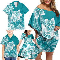 Polynesian Plumeria Flowers Tribal Family Matching Off Shoulder Short Dress and Hawaiian Shirt Pacific Tattoo Teal Style LT9 - Polynesian Pride
