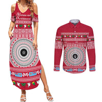 Personalised Fiji Marau Na Kerisimasi Couples Matching Summer Maxi Dress and Long Sleeve Button Shirt Merry Christmas Tapa Pattern Red Style LT9 Red - Polynesian Pride
