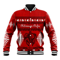 Personalised Tonga Kilisimasi Fiefia Baseball Jacket Merry Christmas with Turtle Ngatu Pattern LT9 Unisex Red - Polynesian Pride