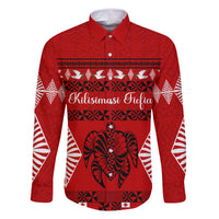 Personalised Tonga Kilisimasi Fiefia Family Matching Off Shoulder Maxi Dress and Hawaiian Shirt Merry Christmas with Turtle Ngatu Pattern LT9 Dad's Shirt - Long Sleeve Red - Polynesian Pride