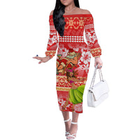 Hawaii Mele Kalikimaka Family Matching Off Shoulder Long Sleeve Dress and Hawaiian Shirt Santa Claus and Hula Dancing Merry Christmas LT9 Mom's Dress Red - Polynesian Pride