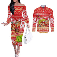 Personalised Hawaii Mele Kalikimaka Couples Matching Off The Shoulder Long Sleeve Dress and Long Sleeve Button Shirt Santa Claus and Hula Dancing Merry Christmas LT9 Red - Polynesian Pride