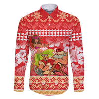 Personalised Hawaii Mele Kalikimaka Family Matching Off Shoulder Short Dress and Hawaiian Shirt Santa Claus and Hula Dancing Merry Christmas LT9 Dad's Shirt - Long Sleeve Red - Polynesian Pride