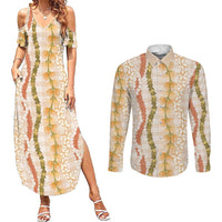 Hawaiian Ohia Lehua Lei Couples Matching Summer Maxi Dress and Long Sleeve Button Shirt Plaid Palaka Ahiehie Pattern - Polynesian Pride