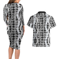 Hawaiian Ohia Lehua Lei Couples Matching Long Sleeve Bodycon Dress and Hawaiian Shirt Plaid Palaka Eleele Pattern - Polynesian Pride