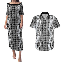 Hawaiian Ohia Lehua Lei Couples Matching Puletasi and Hawaiian Shirt Plaid Palaka Eleele Pattern - Polynesian Pride