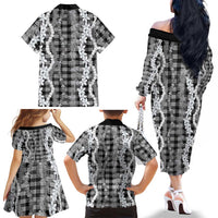 Hawaiian Ohia Lehua Lei Family Matching Off The Shoulder Long Sleeve Dress and Hawaiian Shirt Plaid Palaka Eleele Pattern LT9 - Polynesian Pride