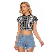 Hawaiian Ohia Lehua Lei Raglan Cropped T Shirt Plaid Palaka Eleele Pattern - Polynesian Pride