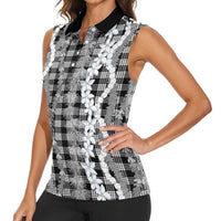 Hawaiian Ohia Lehua Lei Women Sleeveless Polo Shirt Plaid Palaka Eleele Pattern LT9 - Polynesian Pride