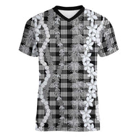 Hawaiian Ohia Lehua Lei Women V-Neck T-Shirt Plaid Palaka Eleele Pattern - Polynesian Pride