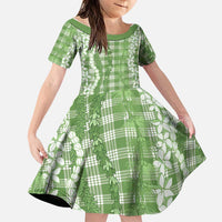 Hawaiian Ohia Lehua Lei Family Matching Off Shoulder Maxi Dress and Hawaiian Shirt Plaid Palaka Omaomao Pattern LT9 Daughter's Dress Green - Polynesian Pride