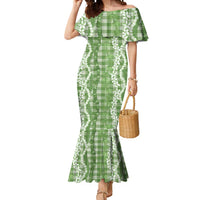 Hawaiian Ohia Lehua Lei Mermaid Dress Plaid Palaka Omaomao Pattern LT9 Women Green - Polynesian Pride