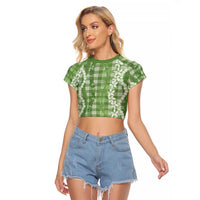 Hawaiian Ohia Lehua Lei Raglan Cropped T Shirt Plaid Palaka Omaomao Pattern - Polynesian Pride