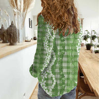 Hawaiian Ohia Lehua Lei Women Casual Shirt Plaid Palaka Omaomao Pattern - Polynesian Pride