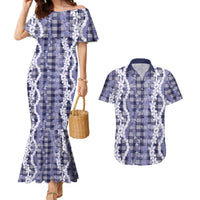 Hawaiian Ohia Lehua Lei Couples Matching Mermaid Dress and Hawaiian Shirt Plaid Palaka Uliuli hohonu Pattern - Polynesian Pride