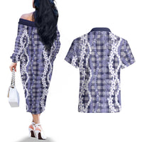Hawaiian Ohia Lehua Lei Couples Matching Off The Shoulder Long Sleeve Dress and Hawaiian Shirt Plaid Palaka Uliuli hohonu Pattern - Polynesian Pride