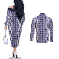 Hawaiian Ohia Lehua Lei Couples Matching Off The Shoulder Long Sleeve Dress and Long Sleeve Button Shirt Plaid Palaka Uliuli hohonu Pattern - Polynesian Pride
