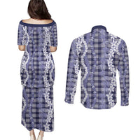 Hawaiian Ohia Lehua Lei Couples Matching Puletasi and Long Sleeve Button Shirt Plaid Palaka Uliuli hohonu Pattern - Polynesian Pride
