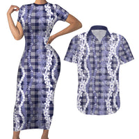 Hawaiian Ohia Lehua Lei Couples Matching Short Sleeve Bodycon Dress and Hawaiian Shirt Plaid Palaka Uliuli hohonu Pattern - Polynesian Pride