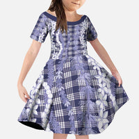 Hawaiian Ohia Lehua Lei Family Matching Off The Shoulder Long Sleeve Dress and Hawaiian Shirt Plaid Palaka Uliuli hohonu Pattern LT9 Daughter's Dress Navy - Polynesian Pride