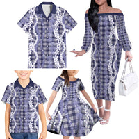 Hawaiian Ohia Lehua Lei Family Matching Off The Shoulder Long Sleeve Dress and Hawaiian Shirt Plaid Palaka Uliuli hohonu Pattern LT9 - Polynesian Pride